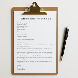 Op de afbeelding: Een klembord met een sjabloon voor een ontslagbrief afgedrukt op wit papier. De sjabloon bevat velden voor bedrijfs- en werknemersinformatie. Een zwarte pen ligt aan de rechterkant van het klembord.
