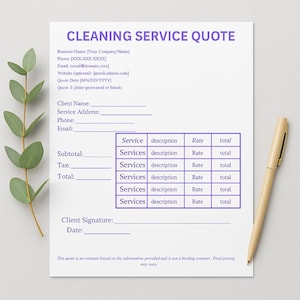 Cleaning Service Quote Template | Printable Cleaning Estimate Form | Editable Business Pricing Sheet | Instant Download PDF