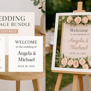 May include: Wedding signage bundle with editable text. Includes a welcome sign with the names Angela & Michael and the date June 28, 2025, and an order of service sign. The welcome sign is framed with flowers and greenery.