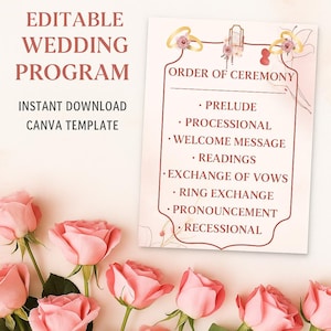 Editable Wedding Program Template Canva Download Ceremony Program Order of Events Card Instant Download Printable