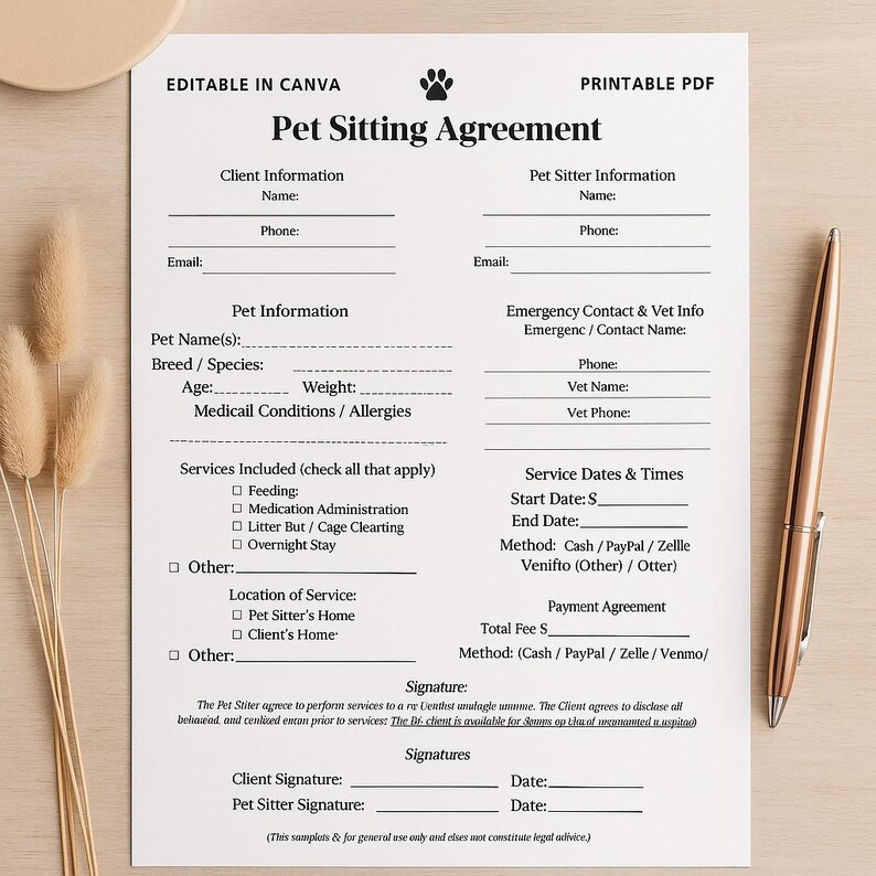 Editable Pet Sitting Contract Template | Canva Pet Care Agreement ...