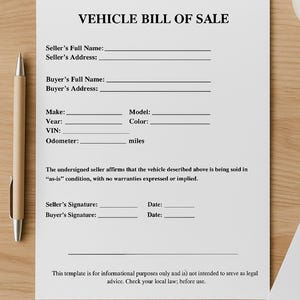 Vehicle Bill of Sale Template | Printable Car Sale Form | Instant Download | Fillable Auto Sale Agreement PDF | Editable Canva Form