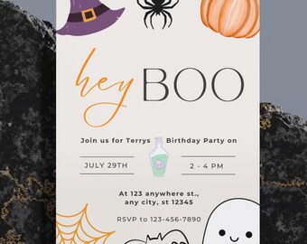 Hey Boo Halloween Birthday Invitation | Editable Canva Template | Spooky Cute Printable Kids Party Invite | Instant Download