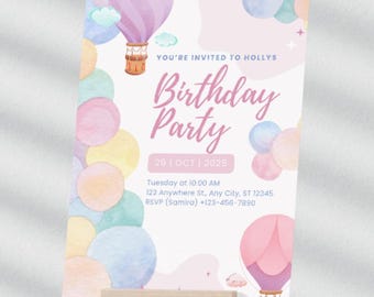 Hot Air Balloon Birthday Invitation: Editable Canva Template (Digital Download 5x7&quot; )