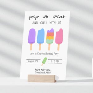Convite para Festa de Sorvete Editável | Modelo de Aniversário de Picolé de Verão no Canva | Tema Pop On Over | Convite Digital para Download Instantâneo