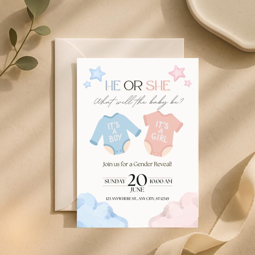 He or She Gender Reveal Invitation | Editable Baby Shower Template ...