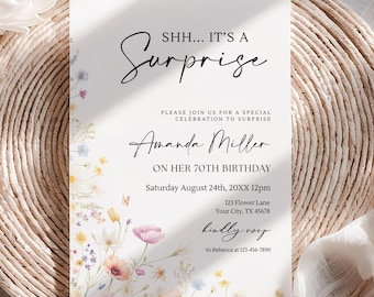 Surprise Birthday Invitation Template Wildflower Floral Birthday Invite Elegant Script Party Invitation Any Age Editable Canva Invite