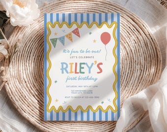 First Birthday Invitation It's Fun to Be One Boy Birthday Invite Canva Template