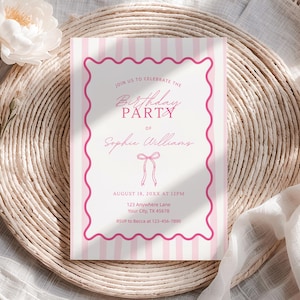 Pink Birthday Party Invitation Coquette Bow Birthday Invite Girl Birthday Party Invite Pink Stripe Invitation Editable Canva Template