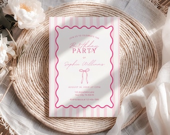 Pink Birthday Party Invitation Coquette Bow Birthday Invite Girl Birthday Party Invite Pink Stripe Invitation Editable Canva Template