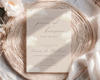A Little Piece of Heaven Baby Shower Invitation Beige Cloud Invite (Editable Printable Template), BBS006