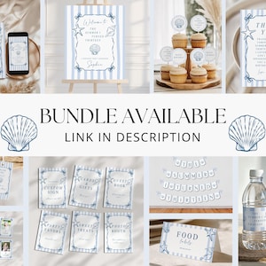 May include: A party decoration bundle featuring light blue and white striped designs with seashell and starfish illustrations. Includes invitations, welcome signs, cupcake toppers, thank you cards, favor tags, signage, banners, and water bottle labels.