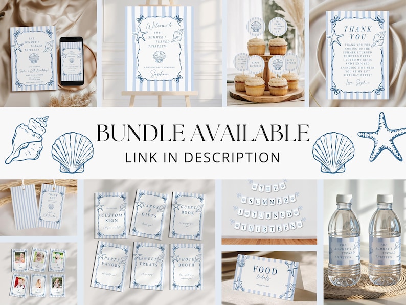 May include: A party decoration bundle featuring light blue and white striped designs with seashell and starfish illustrations. Includes invitations, welcome signs, cupcake toppers, thank you cards, favor tags, signage, banners, and water bottle labels.