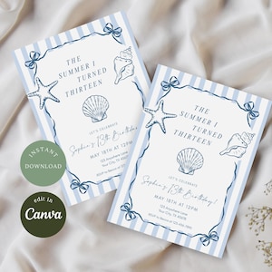 May include: Two rectangular birthday invitation cards featuring a light blue and white vertical striped border. The design includes dark blue line art of seashells, starfish, and bows. Text reads: The Summer I Turned Thirteen, Sophie's 13th Birthday.