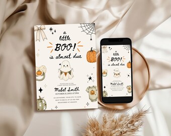 Little Boo Baby Shower Invitation Template Halloween Baby Shower Invite Fall Pumpkin Ghost Baby Shower Editable Canva Invite