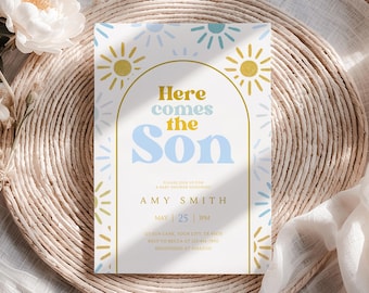 Here Comes the Son Baby Shower Invitation Boy Boho Sonshine Shower Invite Canva Digital Download