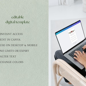 May include: An editable digital template displayed on a laptop screen. The text reads: editable digital template, instant access, edit in canva, use on desktop & mobile, no limits or expiry, alter text, change colors. The screen shows a holiday design.