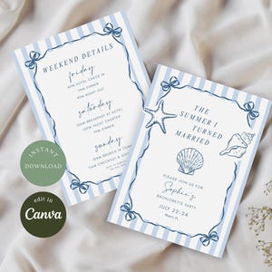 May include: Two rectangular invitation cards with light blue and white vertical stripes. The cards feature dark blue line art of bows, a starfish, and seashells. Text includes 'WEEKEND DETAILS', 'THE SUMMER I TURNED MARRIED', and 'Sophie's BACHELORETTE PARTY'.