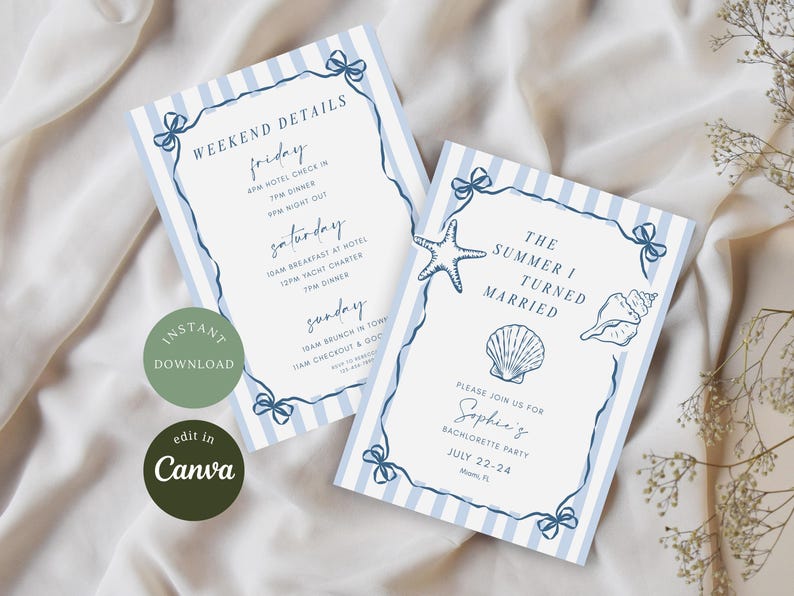 May include: Two rectangular invitation cards with light blue and white vertical stripes. The cards feature dark blue line art of bows, a starfish, and seashells. Text includes 'WEEKEND DETAILS', 'THE SUMMER I TURNED MARRIED', and 'Sophie's BACHELORETTE PARTY'.