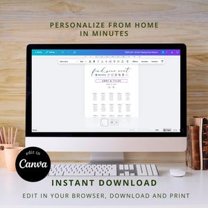 May include: A computer monitor displaying a digital seating chart template in a web browser interface. The screen shows the text Find your seat, Abby & Tyler, and a table layout. A black circular badge with the text edit in Canva is visible.