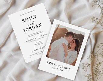 May include: Two white wedding invitation cards with black text. One card has the names "Emily and Jordan" and wedding details. The other card is a photo with the names "Emily and Jordan" and the date 05.17.20XX.