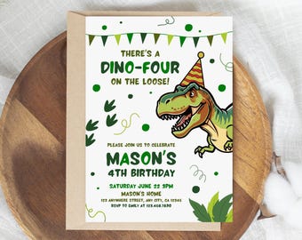Dino Four 4th Birthday Invitation, Editable Dinosaur Party Template (Canva Download)