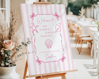 The Summer I Turned Pretty Pink Birthday Welcome Sign Coastal Birthday Decor Beach Party (Editable Printable Template), BDY008