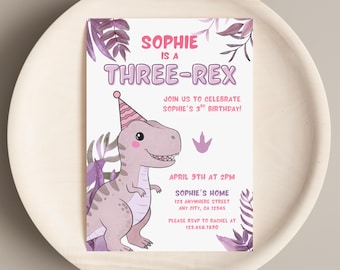 Editable Three Rex Pastel Dinosaur Birthday Invite Girl 3rd Birthday Party Invitation Template Canva Download
