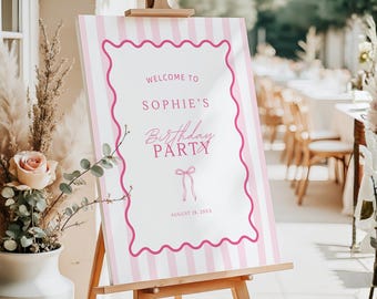 Pink Birthday Party Welcome Sign Coquette Bow Birthday Sign Girl Birthday Party Pink Stripe Party Decor Editable Canva Template