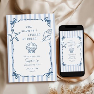 May include: A rectangular invitation card and a smartphone displaying the same design, featuring light blue vertical stripes, a dark blue ribbon border, and illustrations of a starfish and seashells. The text reads: The Summer I Turned Married, Please Join Us For Sophie's Bachelorette Party, July 22-24, Miami, FL.