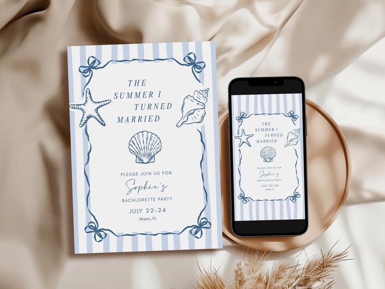 May include: A rectangular invitation card and a smartphone displaying the same design, featuring light blue vertical stripes, a dark blue ribbon border, and illustrations of a starfish and seashells. The text reads: The Summer I Turned Married, Please Join Us For Sophie's Bachelorette Party, July 22-24, Miami, FL.