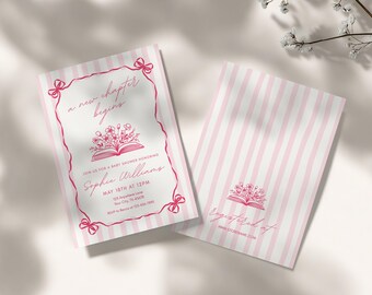 A New Chapter Begins Baby Shower Invitation Pink Hand Drawn Whimsical Bow Editable Digital Template