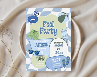 Pool Party Birthday Invitation Blue Green Boy Birthday Invite Any Age Canva Digital Download
