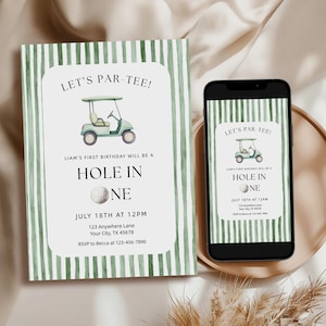 Golf First Birthday Invite Hole in One Invitation Let's Par-Tee, Editable Printable Template, BDY010
