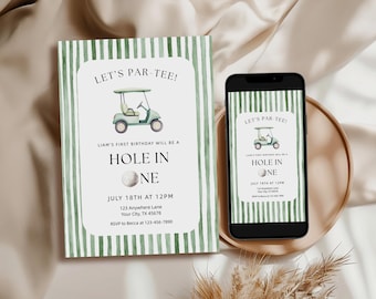 Golf First Birthday Invite Hole in One Invitation Let's Par-Tee, Editable Printable Template