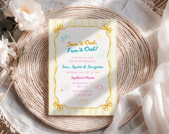 Summer Pool Party Invite Sun Swim & Sangria Invitation Template, Canva Digital Download