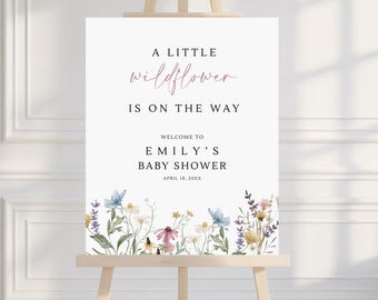 Little Wildflower Baby Shower Welcome Sign Template Floral Baby Shower Sign Garden Baby Shower Decor, Canva Digital Download