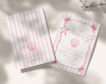 Sea You Soon Baby Shower Invitation, Coastal Baby Shower Invite, Beach Baby Shower, Pink Nautical Invite, Editable Canva Template