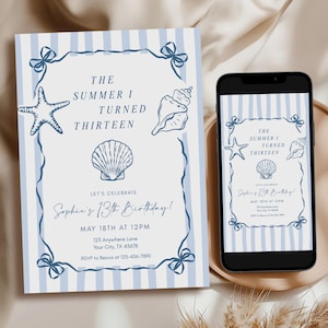 May include: A rectangular invitation card and a smartphone displaying the same design, featuring light blue vertical stripes, a dark blue ribbon border, and illustrations of a starfish and seashells with the text THE SUMMER I TURNED THIRTEEN.