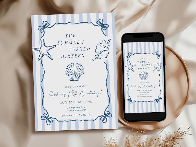 May include: A rectangular invitation card and a smartphone displaying the same design, featuring light blue vertical stripes, a dark blue ribbon border, and illustrations of a starfish and seashells with the text THE SUMMER I TURNED THIRTEEN.
