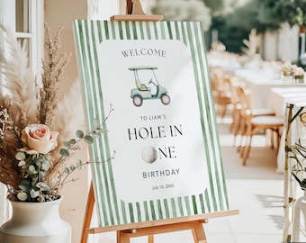 Golf First Birthday Welcome Sign Hole in One Party Let's Par-Tee, Editable Printable Template