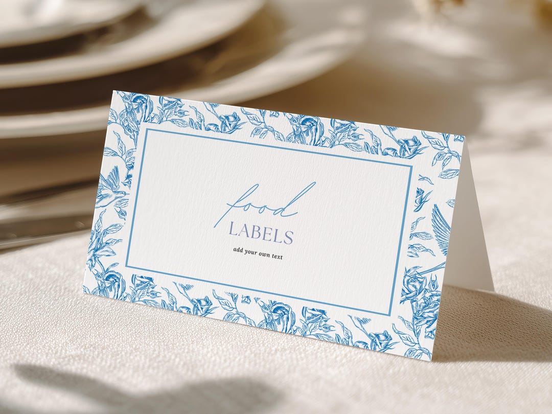 Blue Toile Food Label Template, Editable Place Card (digital Download ...
