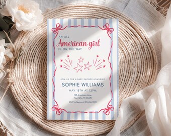 All American Girl Baby Shower Invite 4th Of July Girl Baby Shower Invitation Red White Blue Baby Shower Canva Digital Download