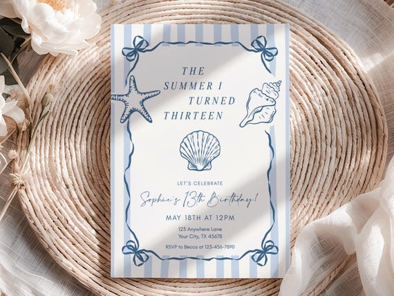 The Summer I Turned Pretty Birthday Invitation Coastal Birthday Invite Beach Party (Editable Printable Template), BDY008