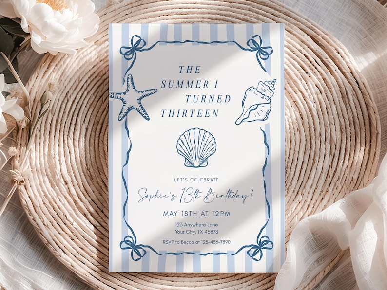 Editable summer birthday invitation inspired by The Summer I Turned Pretty, featuring soft beach tones, coastal design elements, and modern typography for a romantic, sun soaked celebration.