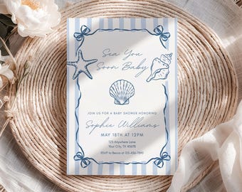 Sea You Soon Baby Shower Invite, Beach Baby Boy Shower, Blue Coastal Baby Shower Invitation, Editable Canva Template Digital Download