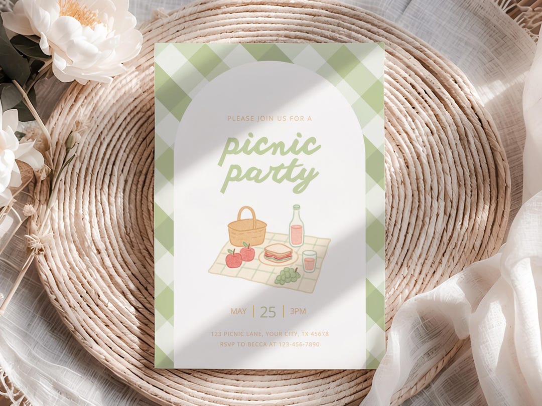 Spring Picnic Invitation Picnic Party Invitation Summer Picnic Invite Green Gingham Picnic Party ...
