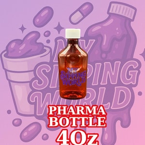 Può includere: Una bottiglia farmaceutica color arancione con un tappo bianco, con la scritta "My Sipping World" in blu. La bottiglia è etichettata "Pharma Bottle 40oz" in rosso e bianco. Lo sfondo è un gradiente di viola e rosa.