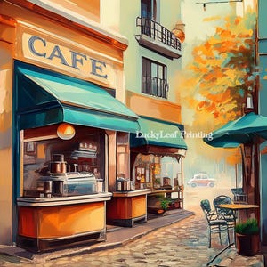 Italy Street Café Wall Art – Cozy European Alleyway Scene, Neutral Color Oil Painting Style, Relaxing and Aesthetic