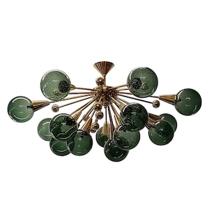 Italian Modern Stilnovo Chandelier Green color Glass Balls 1950s Sputnik Styles Brass Italian Ceiling Light Fixture.